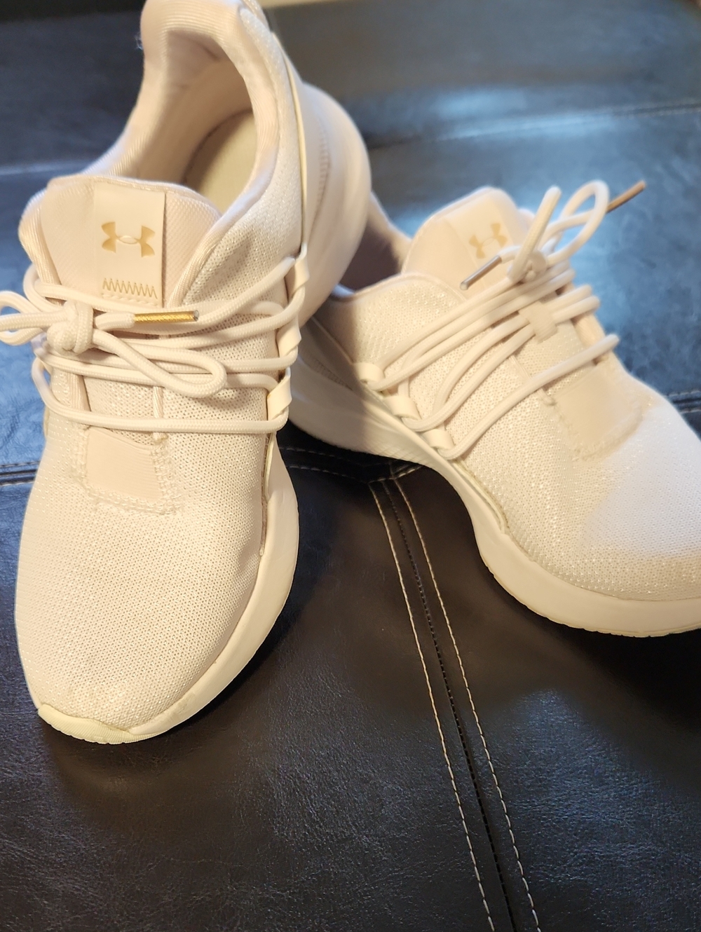 Under Armour Women’s Light Neutral Knit Trainers with Gold Accents